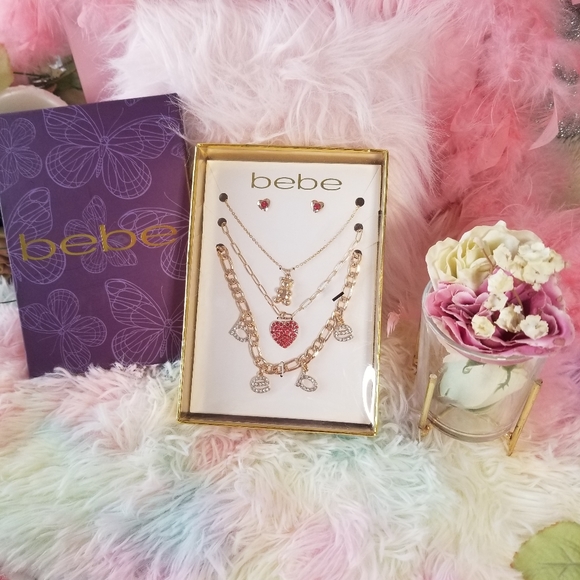 4pcs bebe logo Gold Dangling charm Necklace and Earrings Gift set in box New - Picture 6 of 7